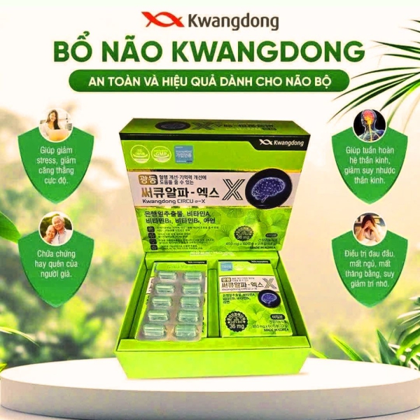 Viên Uống Bổ Não Hàn Quốc Kwangdong (Hộp 120 Viên) - Kwangdong Circu α-x. Giải pháp tăng cường sức khỏe não bộ, cải thiện trí nhớ, nâng cao khả năng tập trung, giảm đau đầu và căng thẳng hiệu quả.