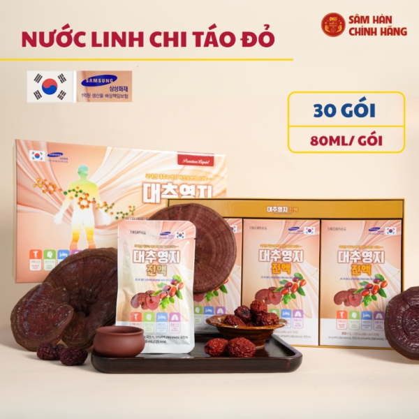 Linh chi táo đỏ premium (80ml x 30g) - Daedong quy cách hộp gói chứa chiết xuất linh chi và táo đỏ thượng hạng giúp thanh lọc cơ thể, bồi bổ tổng trạng, tăng cường đề kháng và ngủ ngon giấc.
