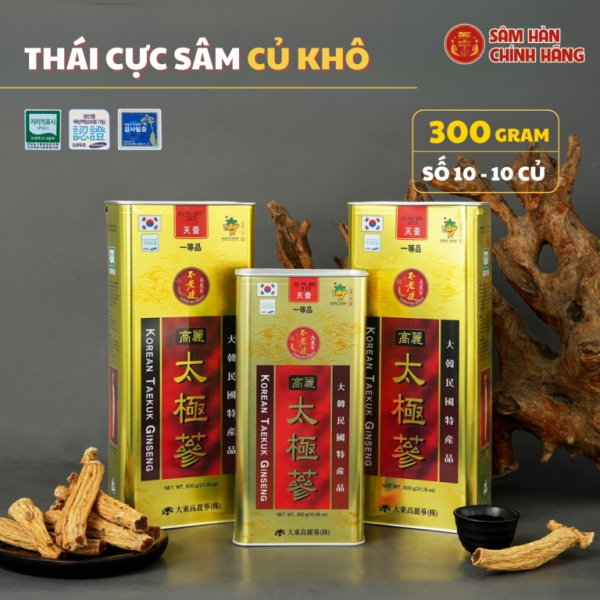 Thái cực sâm củ khô HQ (Thiên sâm) 300g - số 10 (10củ) - Daedong quy cách hộp thiếc chứa 100% thái cực sâm lớp Thiên sâm giúp đại bổ nguyên khí, tăng đề kháng và ổn định huyết áp.