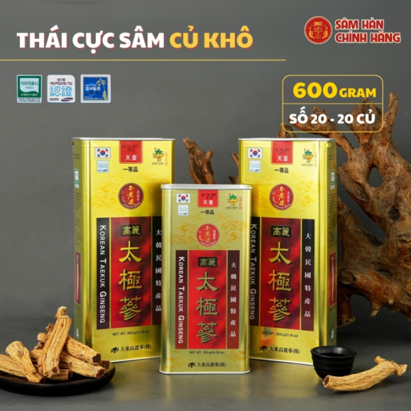 Thái cực sâm củ khô HQ (Thiên sâm) 600g - số 20 (20củ special) - Daedong quy cách hộp thiếc chứa 100% thái cực sâm lớp Thiên sâm giúp đại bổ nguyên khí, tăng đề kháng và ổn định huyết áp.