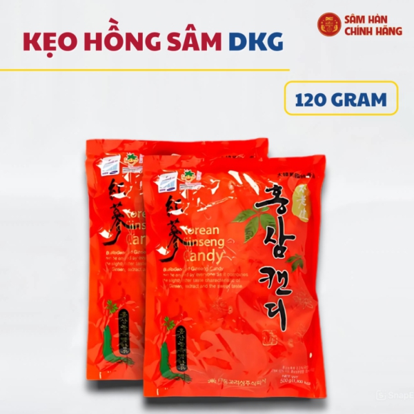 Kẹo Hồng sâm Hàn Quốc Daedong 120g – Chứa dịch chiết hồng sâm 6 năm tuổi, bơ và menthol giúp tăng đề kháng, giảm mệt mỏi, thơm miệng và tỉnh táo trí não.