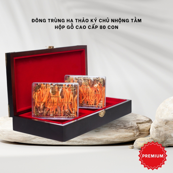 Đông Trùng Hạ Thảo Ký Chủ Nhộng hộp gỗ 80 con – Quà biếu sức khỏe cao cấp