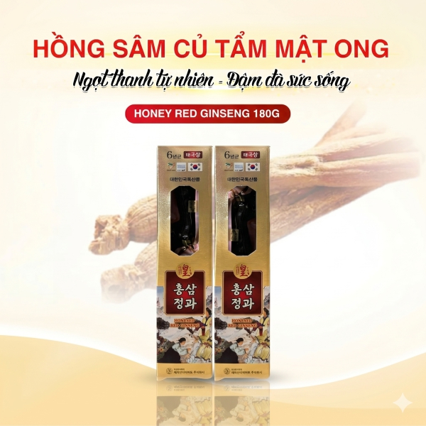 Hồng Sâm Củ Tẩm Mật Ong HG BIO Hàn Quốc hộp 180 Gram 6 củ - Chiết xuất sâm 6 năm tuổi cùng mật ong rừng giúp tăng cường trí nhớ, làm chậm lão hóa và phục hồi thể lực.