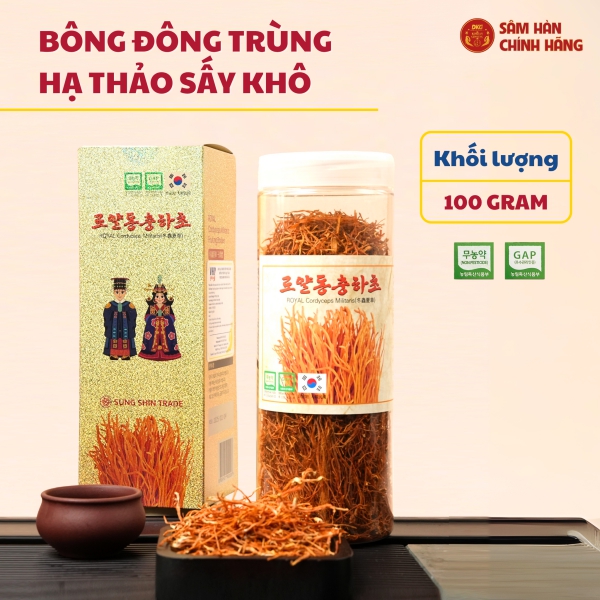 Đông trùng hạ thảo Militaris Hoàng Gia (100g/lọ) chiết xuất 100% nấm hữu cơ nhập khẩu Hàn Quốc giúp đại bổ cơ thể, ích phế bổ thận và nâng cao miễn dịch.