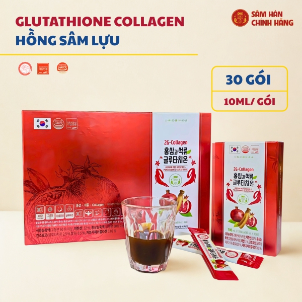 Collagen Hồng Sâm Lựu Glutathione Daedong (Hộp 30 Gói x 10ml) - Giải pháp dưỡng nhan tầng sâu, dưỡng trắng da, mờ thâm nám và điều hòa nội tiết tố nữ.