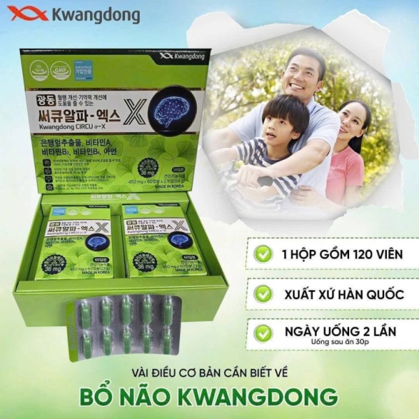 Viên Uống Bổ Não Hàn Quốc Kwangdong (Hộp 120 Viên) - Kwangdong Circu α-x. Giải pháp tăng cường sức khỏe não bộ, cải thiện trí nhớ, nâng cao khả năng tập trung, giảm đau đầu và căng thẳng hiệu quả.
