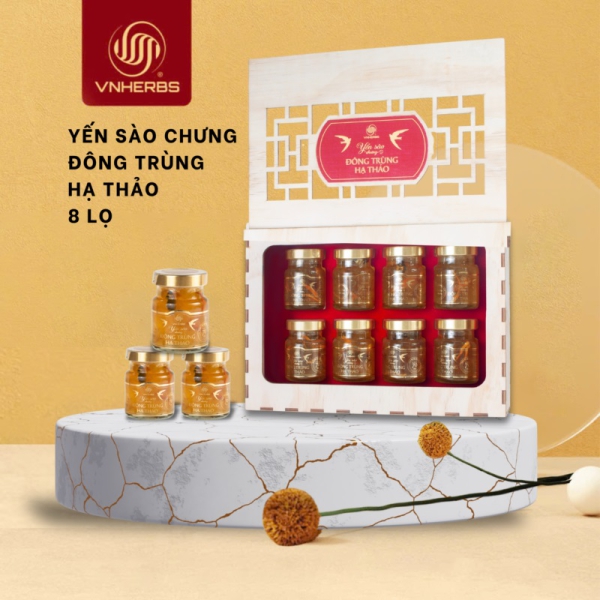 Yến Sào Chưng Đông Trùng Hạ Thảo Hộp Gỗ 8 Lọ – Quà Tặng Sức Khỏe Cao Cấp