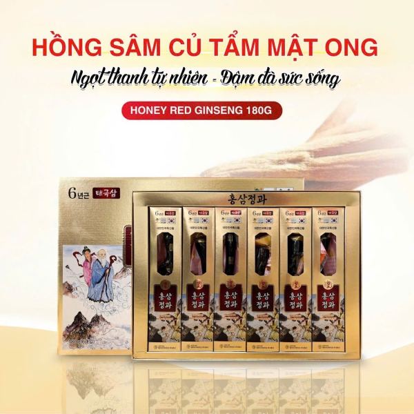 Hồng Sâm Củ Tẩm Mật Ong HG BIO Hàn Quốc hộp 180 Gram 6 củ - Chiết xuất sâm 6 năm tuổi cùng mật ong rừng giúp tăng cường trí nhớ, làm chậm lão hóa và phục hồi thể lực.