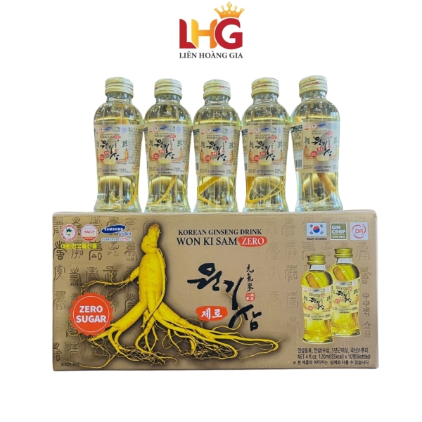 Nước hồng sâm có củ không đường Won Ki Sam hộp 10 chai x 120ml – Chứa chiết xuất hồng sâm Hàn Quốc và củ nhân sâm thật giúp bồi bổ thể trạng.