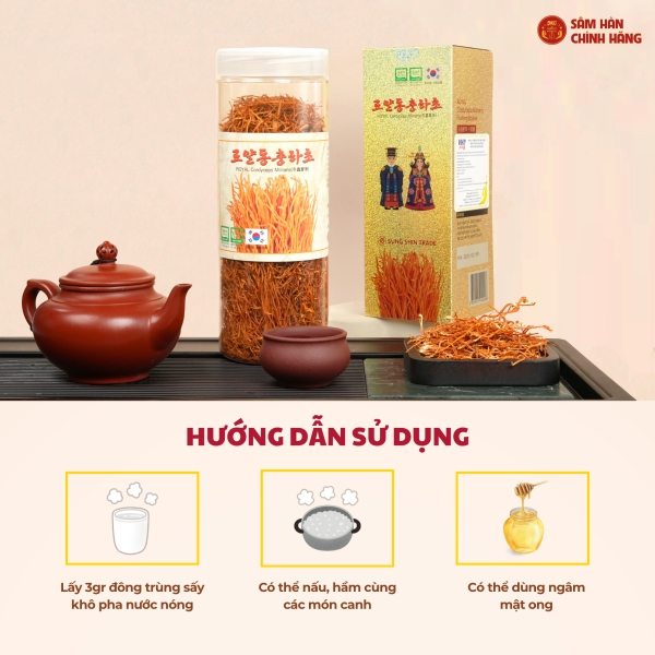 Đông trùng hạ thảo Militaris Hoàng Gia (100g/lọ) chiết xuất 100% nấm hữu cơ nhập khẩu Hàn Quốc giúp đại bổ cơ thể, ích phế bổ thận và nâng cao miễn dịch.