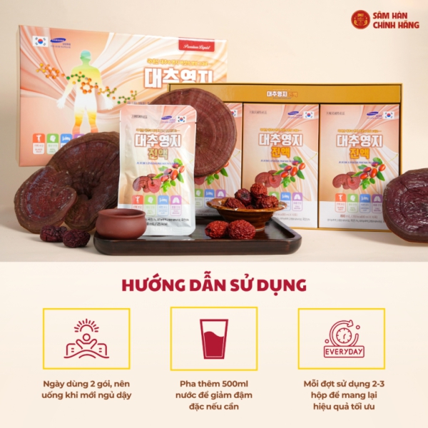 Linh chi táo đỏ premium (80ml x 30g) - Daedong quy cách hộp gói chứa chiết xuất linh chi và táo đỏ thượng hạng giúp thanh lọc cơ thể, bồi bổ tổng trạng, tăng cường đề kháng và ngủ ngon giấc.