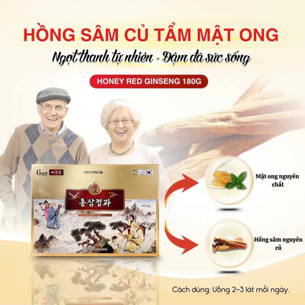 Hồng Sâm Củ Tẩm Mật Ong HG BIO Hàn Quốc hộp 180 Gram 6 củ - Chiết xuất sâm 6 năm tuổi cùng mật ong rừng giúp tăng cường trí nhớ, làm chậm lão hóa và phục hồi thể lực.