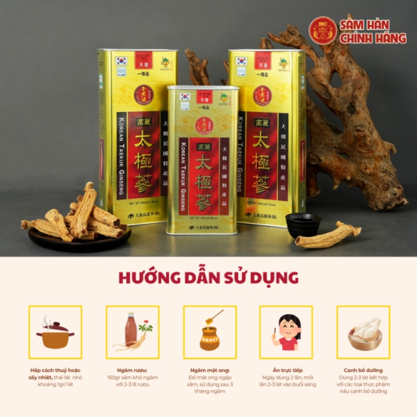 Thái cực sâm củ khô HQ (Thiên sâm) 300g - số 10 (10củ) - Daedong quy cách hộp thiếc chứa 100% thái cực sâm lớp Thiên sâm giúp đại bổ nguyên khí, tăng đề kháng và ổn định huyết áp.