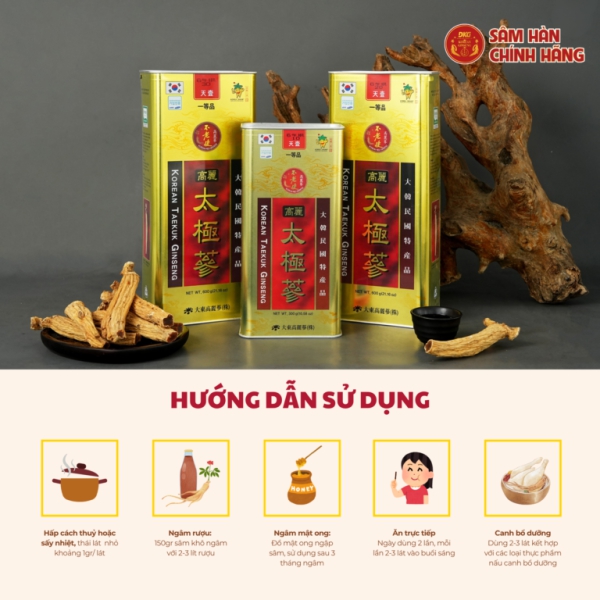 Thái cực sâm củ khô HQ (Thiên sâm) 300g - số 30 (30củ) - Daedong quy cách hộp thiếc chứa 100% thái cực sâm lớp Thiên sâm giúp đại bổ nguyên khí, tăng đề kháng và ổn định huyết áp.