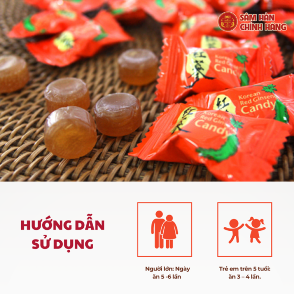 Kẹo Hồng sâm Hàn Quốc Daedong 120g – Chứa dịch chiết hồng sâm 6 năm tuổi, bơ và menthol giúp tăng đề kháng, giảm mệt mỏi, thơm miệng và tỉnh táo trí não.