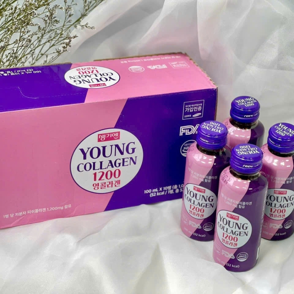 Nước Uống Young Collagen 1200mg Hàn Quốc (Hộp 10 Chai x 100ml) - Cấp ẩm tức thì, làm mờ nếp nhăn và nuôi dưỡng làn da căng bóng.