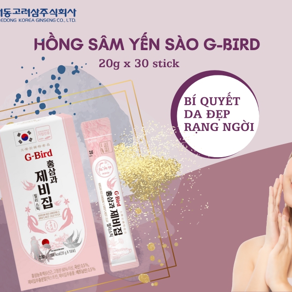 Thạch Hồng Sâm Yến Sào G-Bird Daedong - Sự kết hợp hoàn hảo giữa sâm thượng hạng 6 năm tuổi và yến sào Việt Nam giúp bảo vệ sức khỏe toàn diện.