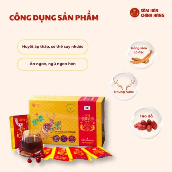Nước Hồng Sâm Nhung Hươu Daedong (Hộp 30 Gói x 70ml) - Ích khí bổ huyết, tăng cường hệ miễn dịch và ổn định huyết áp toàn diện.