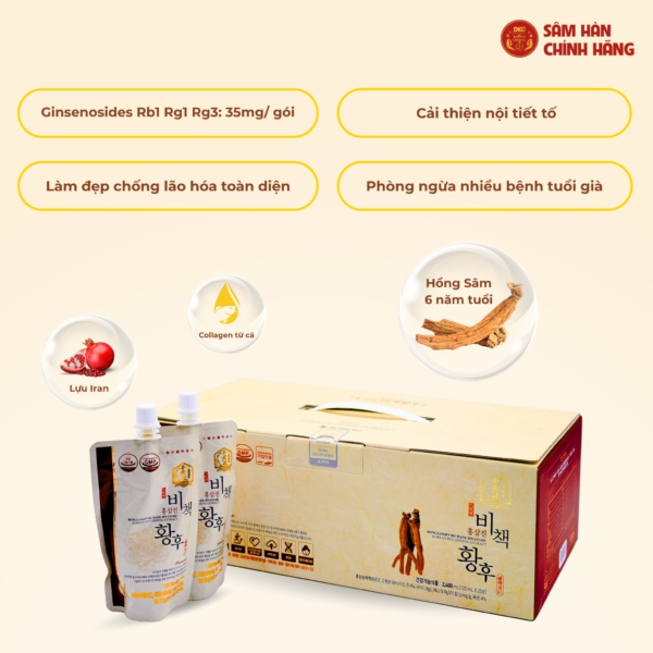 Nước Hồng Sâm Hoàng Hậu Hongsamjin Bichaek Hwanghu Daedong (Hộp 20 Gói x 120ml) - Bí quyết dưỡng nhan, bổ huyết, tăng đề kháng và chống lão hóa tầng sâu.