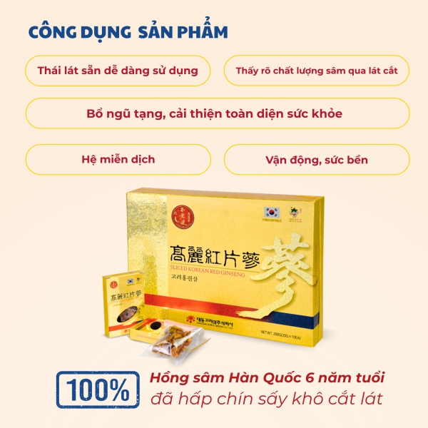 Hồng Sâm Thái Lát Daedong (Hộp 10 Hộp Giấy x 20g) - Nhân sâm 6 năm tuổi nguyên chất giúp tăng cường sinh lực, giảm mệt mỏi và bảo vệ sức khỏe toàn diện.