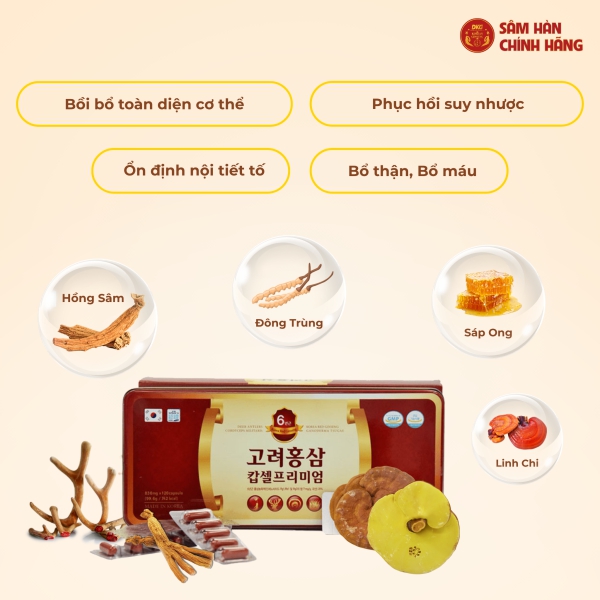Viên Hồng Sâm Daedong Thượng Hạng phối ngũ nhung hươu, nấm linh chi và đông trùng hạ thảo giúp tăng đề kháng, bồi bổ cơ thể và phục hồi thể lực.