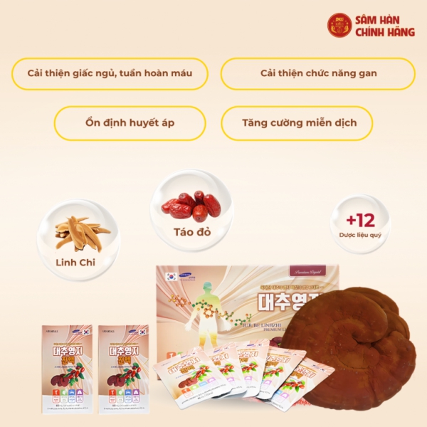 Linh chi táo đỏ premium (80ml x 30g) - Daedong quy cách hộp gói chứa chiết xuất linh chi và táo đỏ thượng hạng giúp thanh lọc cơ thể, bồi bổ tổng trạng, tăng cường đề kháng và ngủ ngon giấc.
