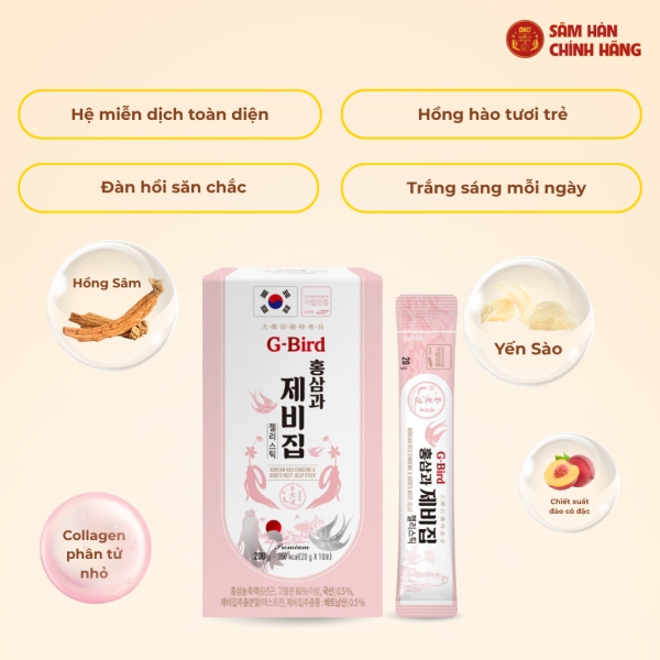 Thạch Hồng Sâm Yến Sào G-Bird Daedong - Sự kết hợp hoàn hảo giữa sâm thượng hạng 6 năm tuổi và yến sào Việt Nam giúp bảo vệ sức khỏe toàn diện.