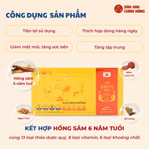 Nước Hồng Sâm Hàn Quốc Daily Daedong (Hộp 60 Gói) - Tinh chất sâm 6 năm tuổi và thảo dược giúp tăng đề kháng, giảm mệt mỏi và bồi bổ sức khỏe bền bỉ.
