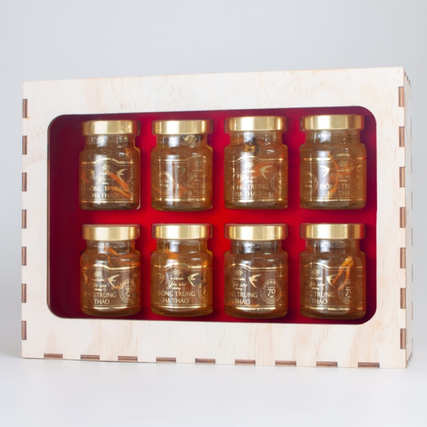 Yến Sào Chưng Đông Trùng Hạ Thảo Hộp Gỗ 8 Lọ – Quà Tặng Sức Khỏe Cao Cấp