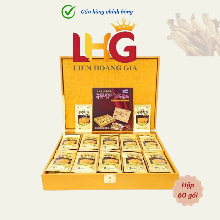 Mặt trước Nước Đông Trùng Hạ Thảo Hàn Quốc Hộp Gỗ Vàng 60 Gói