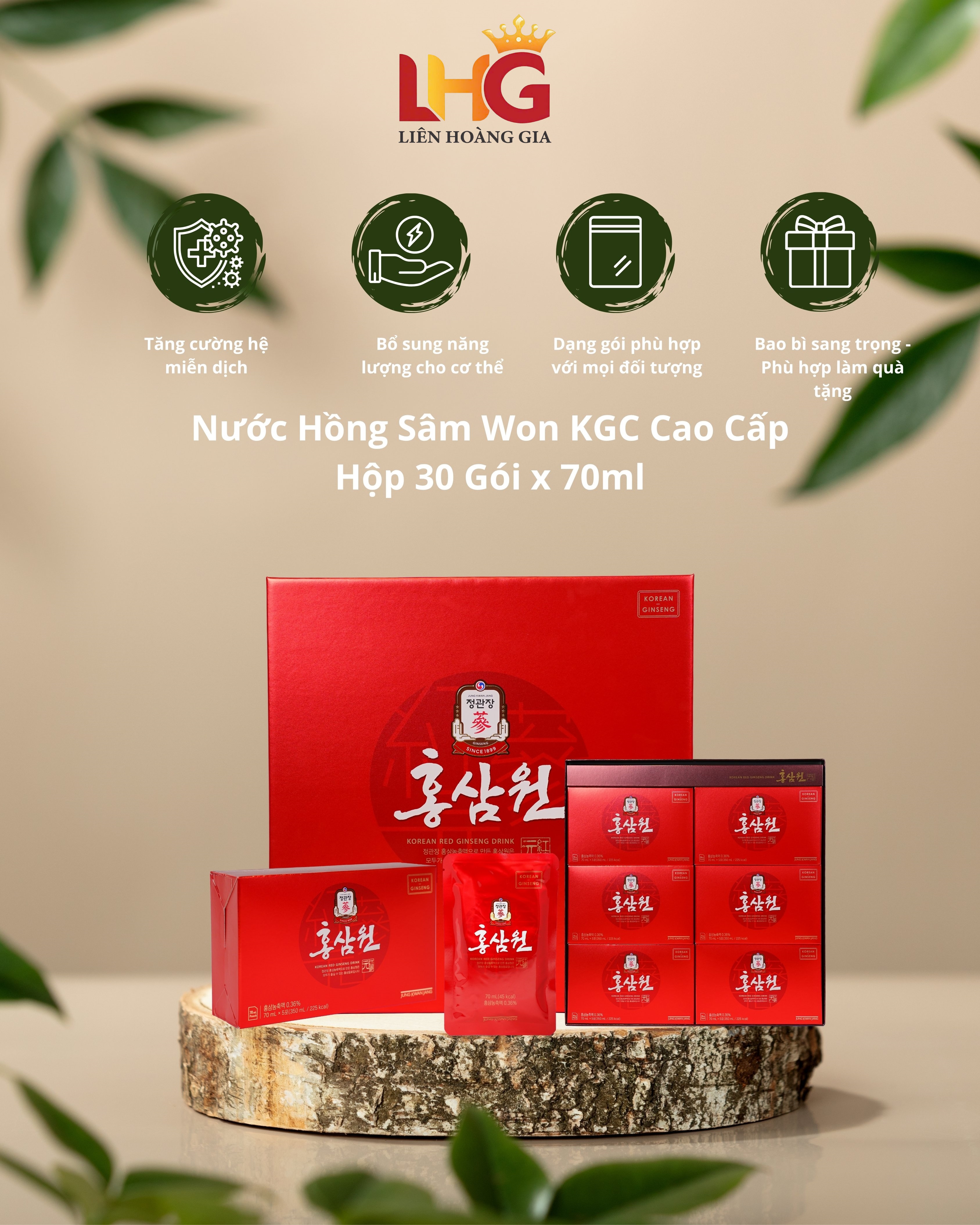 Hộp Nước Hồng Sâm WON KGC đặt cạnh các giấy tờ chứng nhận CO, CQ nhập khẩu chính ngạch
