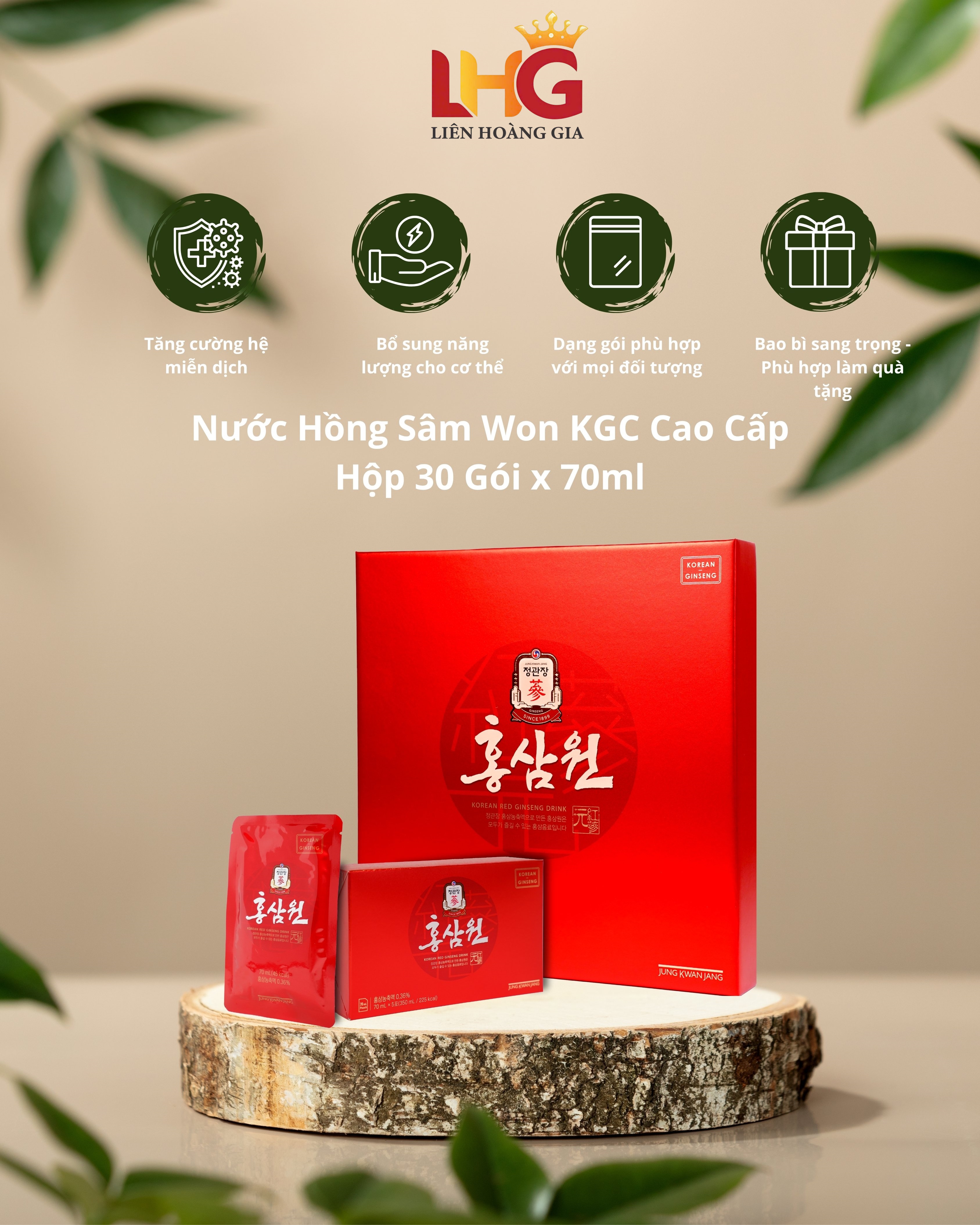 Gói Nước Hồng Sâm WON KGC Jung Kwan Jang cạnh củ sâm 6 năm tuổi nguyên liệu chất lượng cao