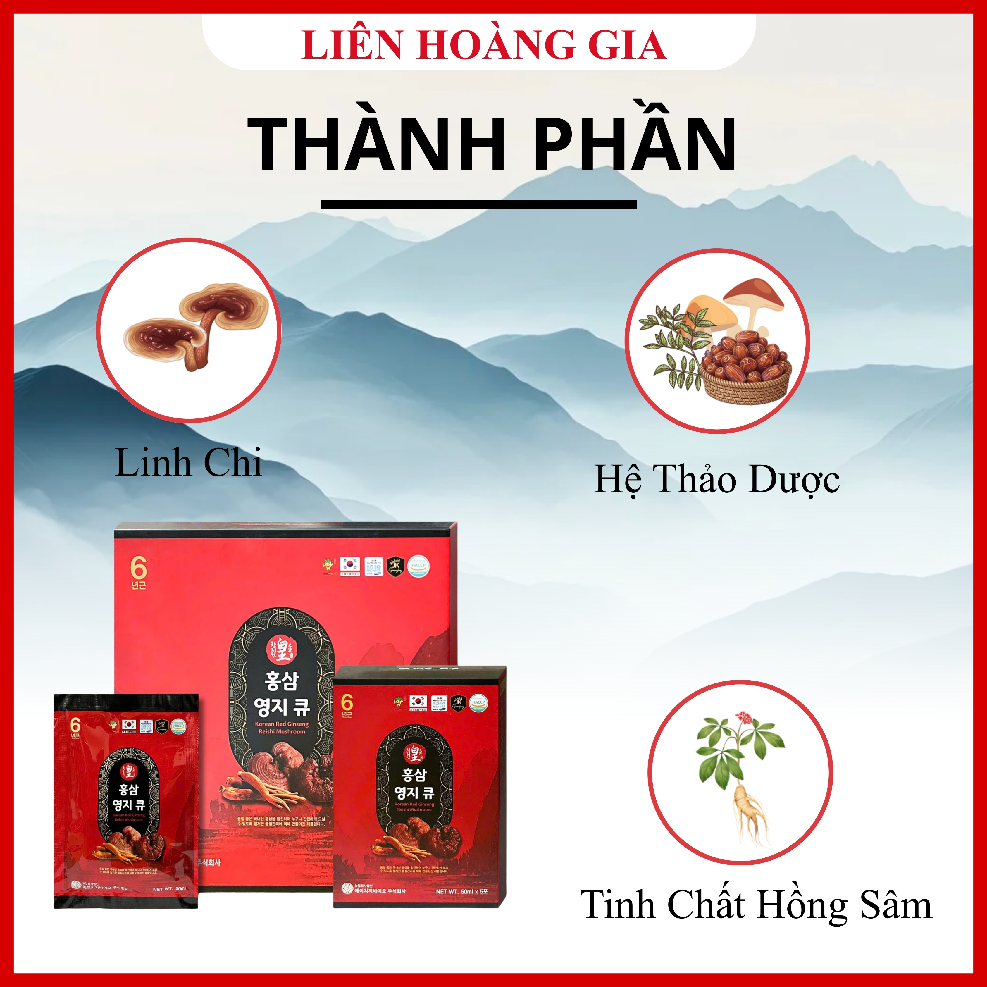 Thành phần chính Hồng sâm 6 năm tuổi và chiết xuất Linh chi Hàn Quốc