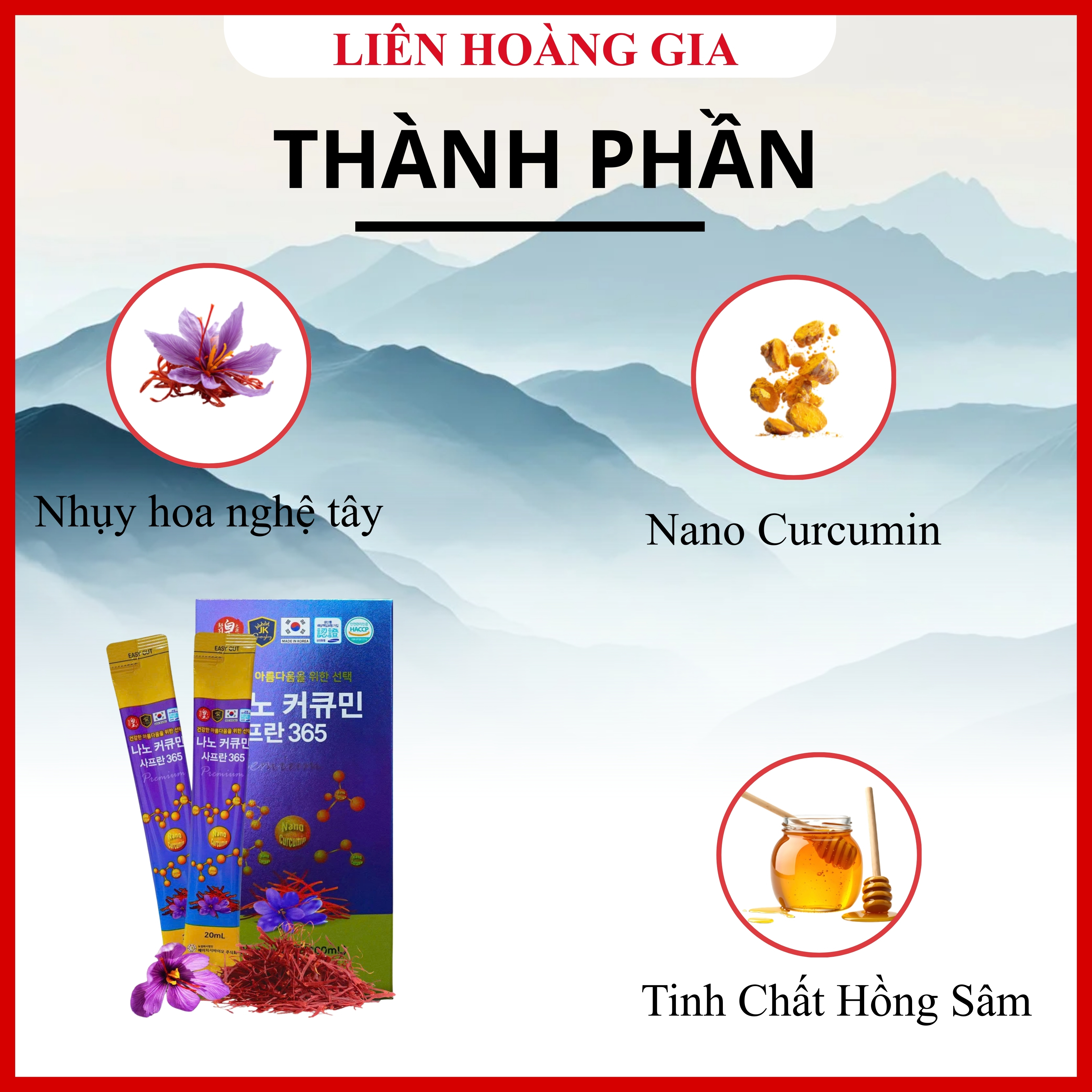 Bộ ba thành phần: Nano Curcumin, Nhụy hoa nghệ tây (Saffron) và Mật ong