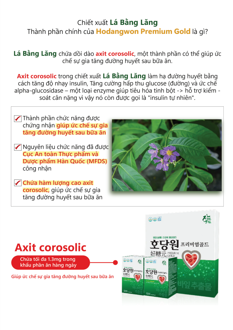 Thành phần Acid Corosolic từ lá bằng lăng hỗ trợ giảm đường huyết trong Hodangwon Gold