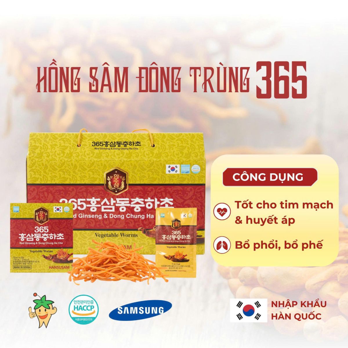 Hồng Sâm Đông Trùng 365 Hansusam hộp 20 gói x 70ml chính hãng