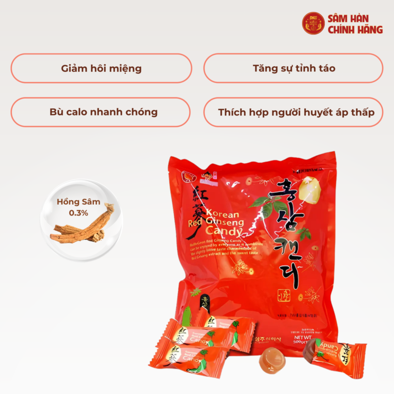 Thành phần chứa dịch chiết hồng sâm đủ sáu năm tuổi của gói kẹo hồng sâm Hàn Quốc Daedong 120g