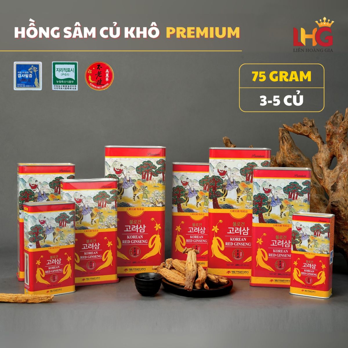 Hồng sâm củ khô Daedong Premium Hàn Quốc 75g hộp thiếc