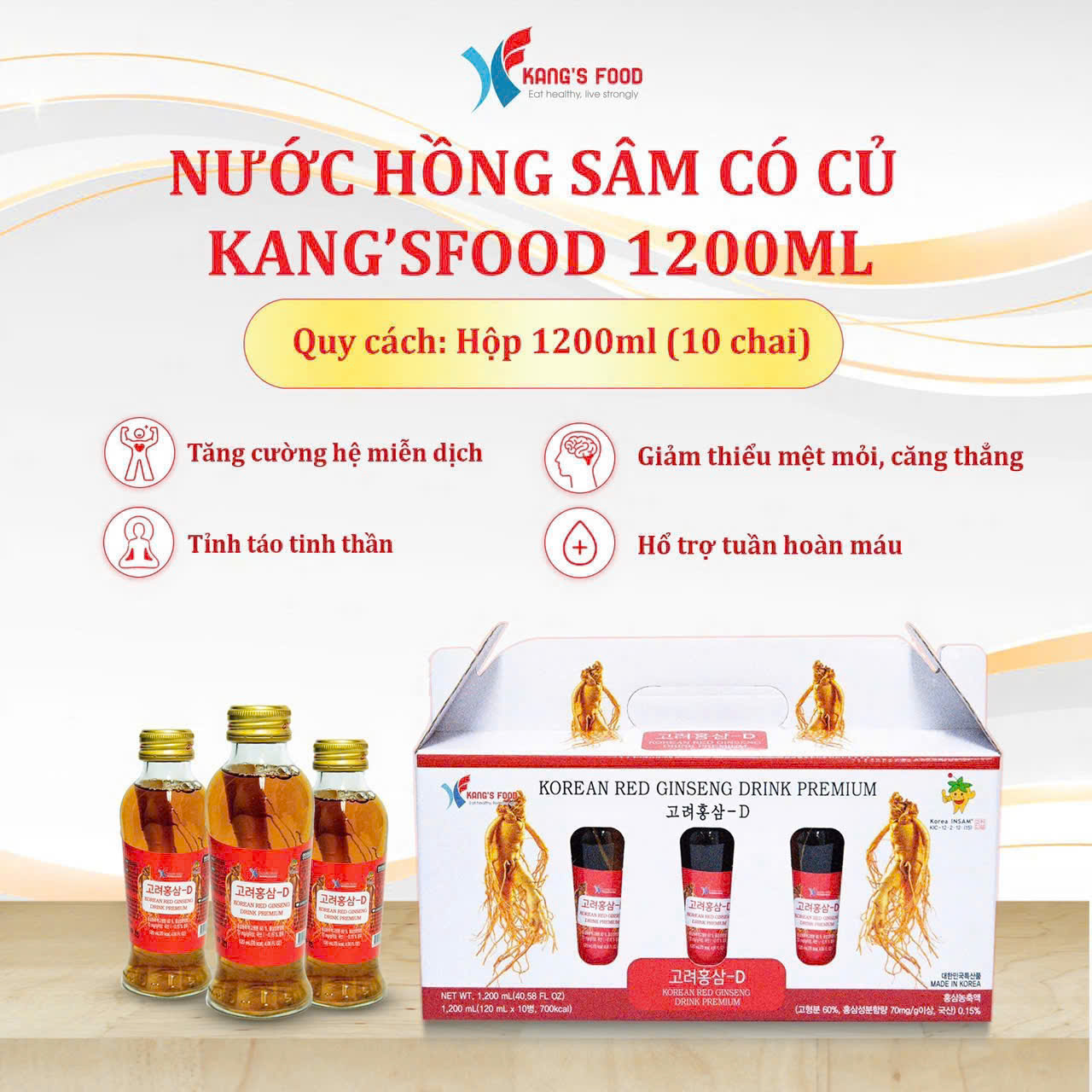 Công dụng bồi bổ và phục hồi năng lượng của Nước hồng sâm có củ tươi Kang Foods.