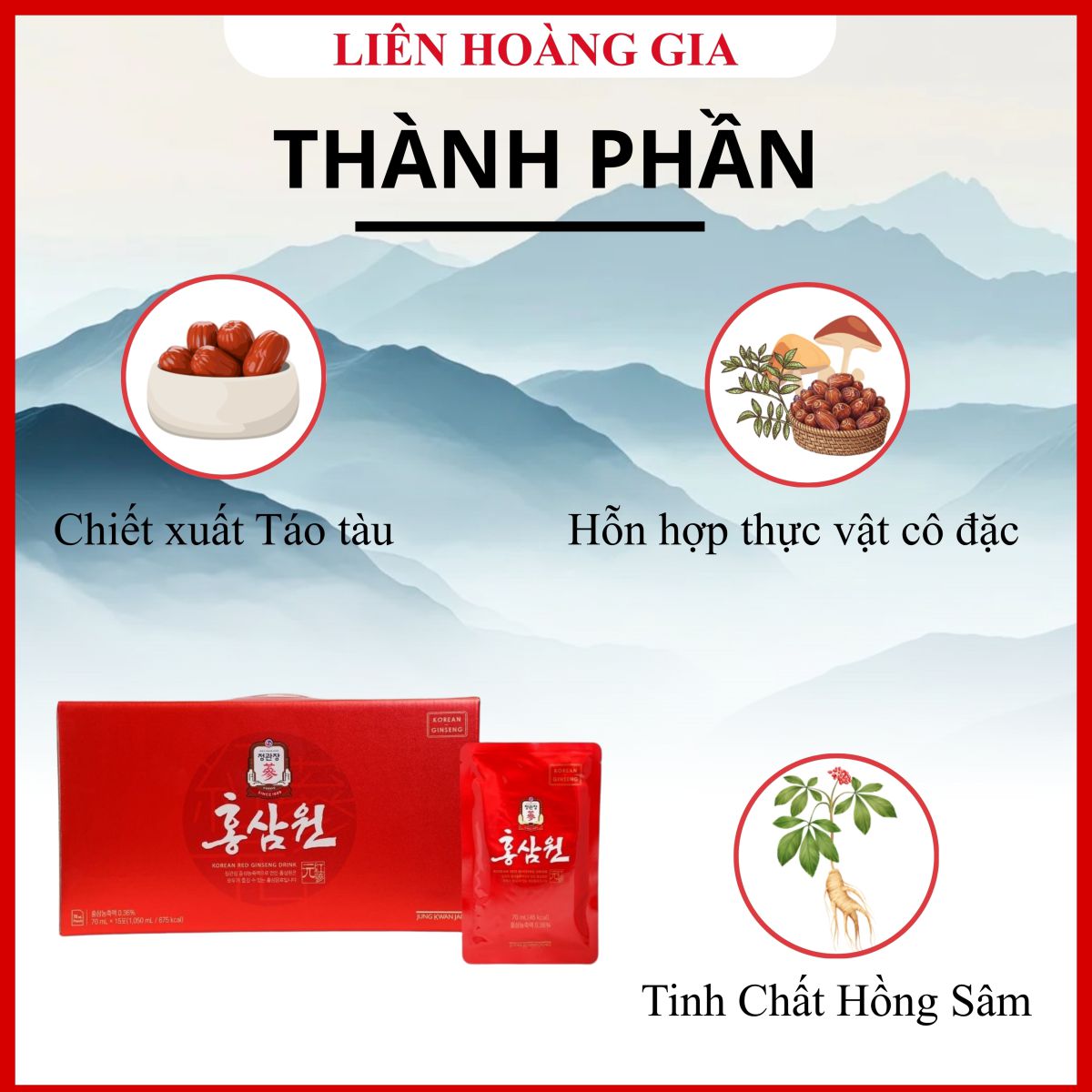 Thành phần hồng sâm 6 năm tuổi trong Nước Hồng Sâm Won KGC.