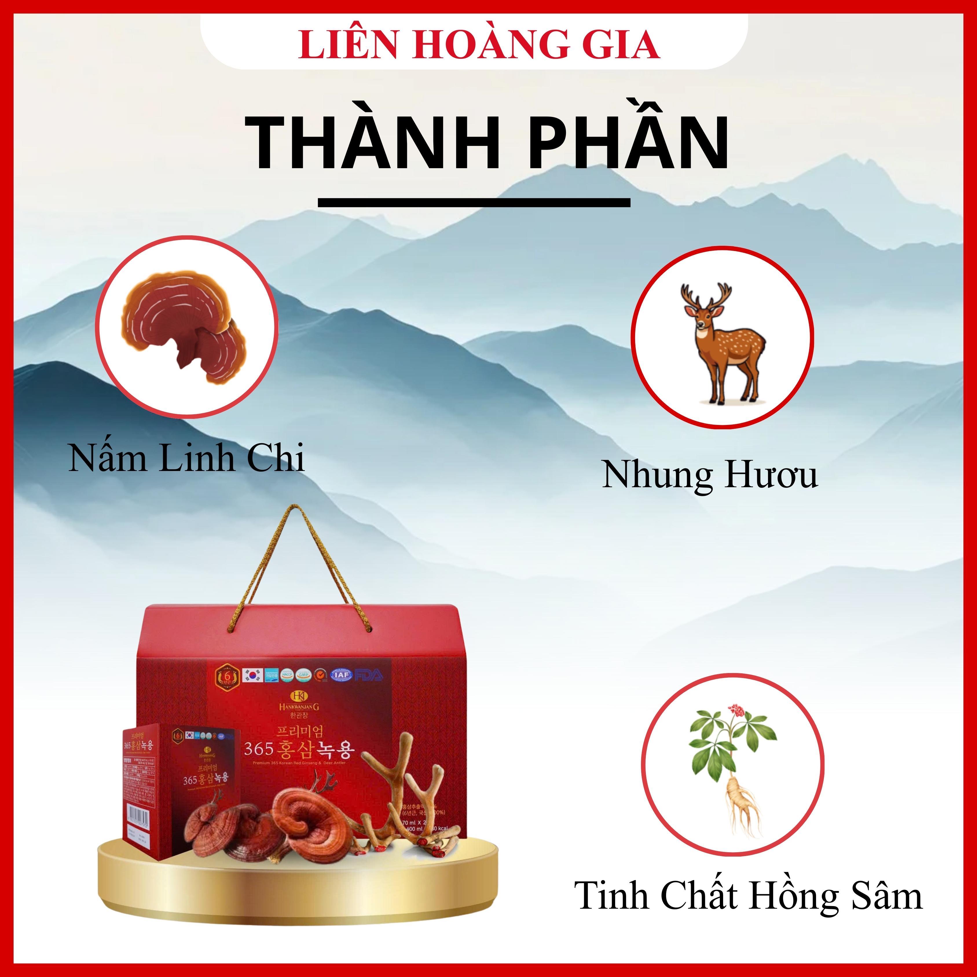 Thành phần bộ ba hồng sâm nhung hươu và linh chi trong Hankwanjang 365