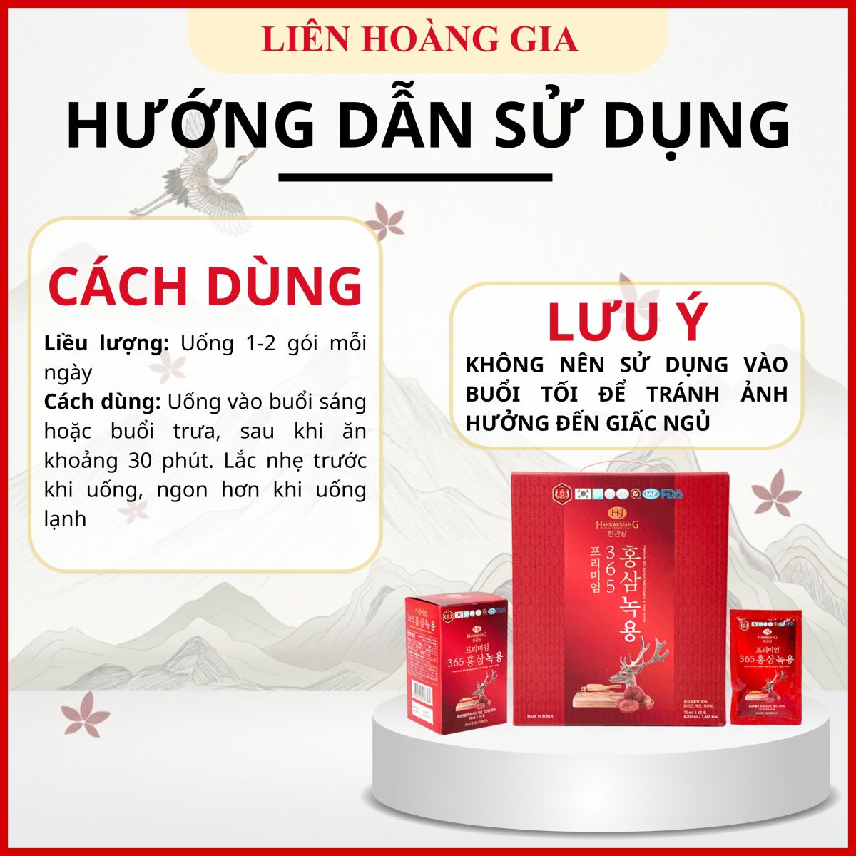 Hướng dẫn sử dụng Nước Hồng Sâm Nhung Hươu Linh Chi Hankwanjang 365 hiệu quả