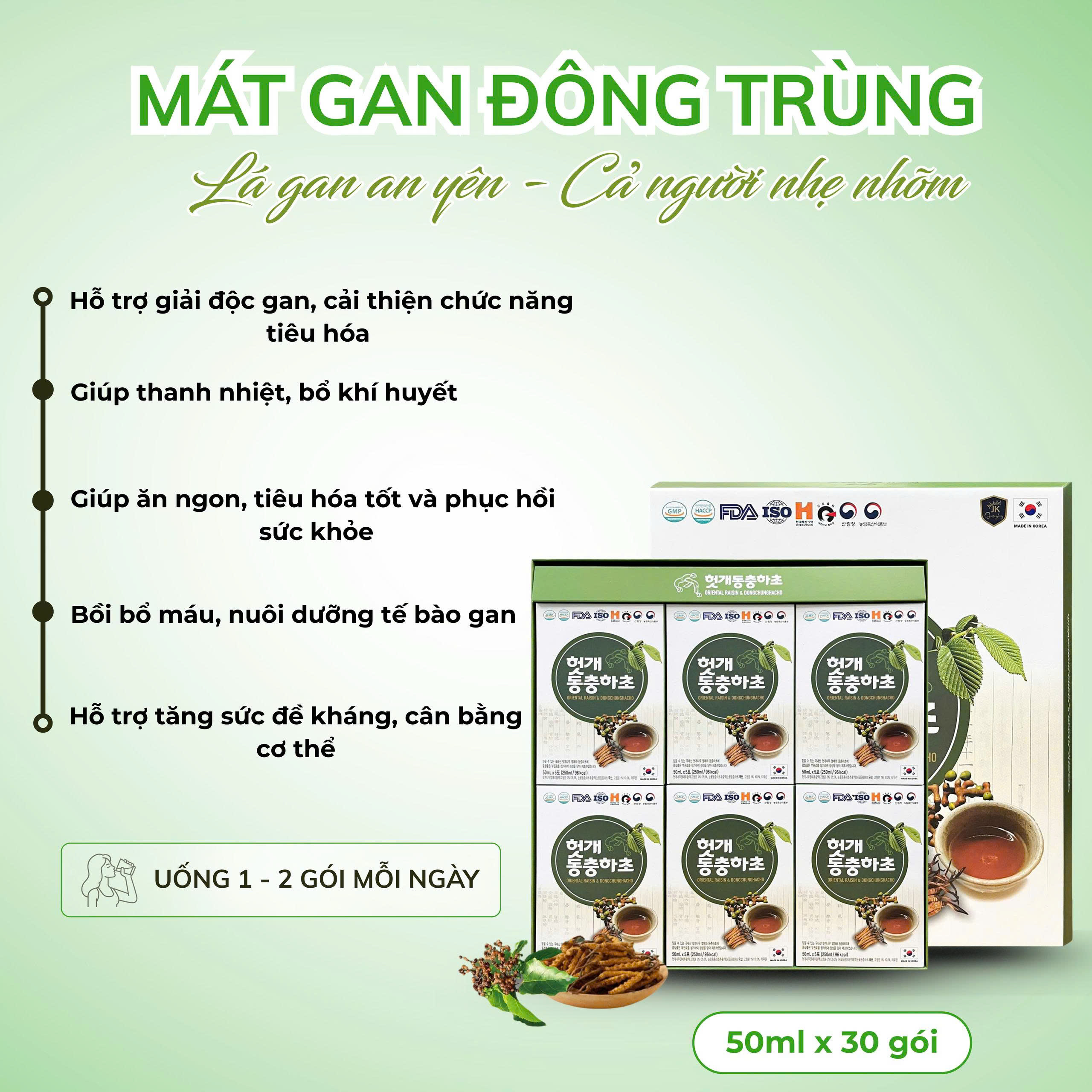 Thành phần Khúng Khéng 35.5% và Đông trùng hạ thảo 10% trong nước mát gan